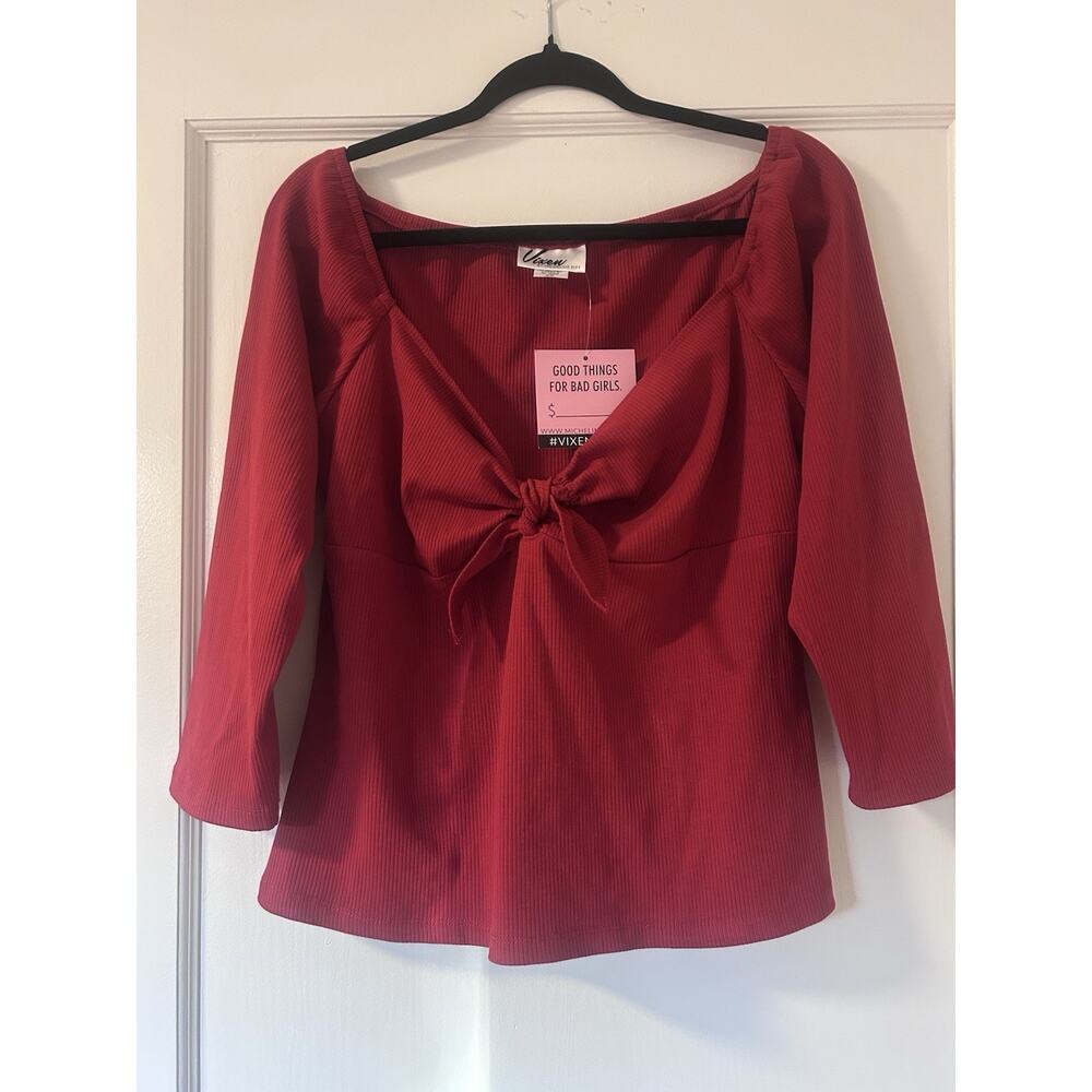 Vixen By Micheline Pitt Tie Me Up Top 2XL Pinup Brick Red PUG Couture Plus Size